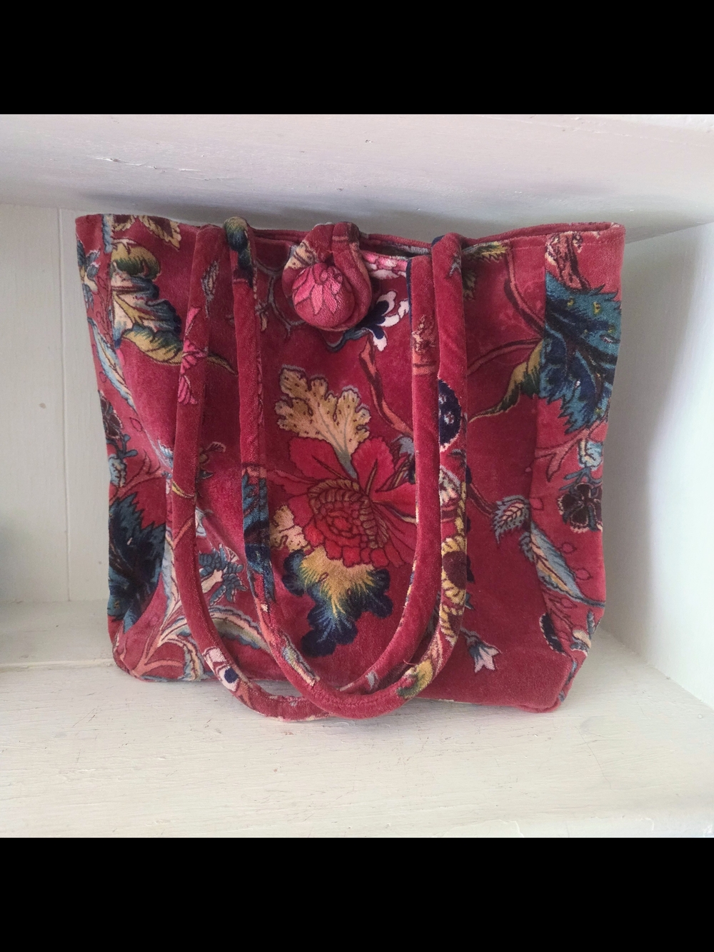 Red Floral Velvet Tote Bag